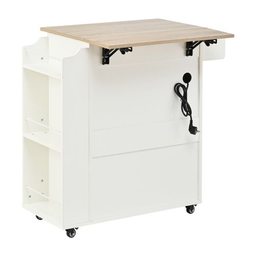 Îlot De Cuisine Sur Roulettes 66x40-60x90 Cm, Plan Rabattable, 1 Tiroir, 2 Portes, Mdf, Blanc+bois