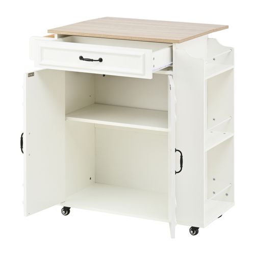 Îlot De Cuisine Sur Roulettes 66x40-60x90 Cm, Plan Rabattable, 1 Tiroir, 2 Portes, Mdf, Blanc+bois