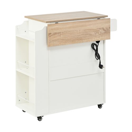 Îlot De Cuisine Sur Roulettes 66x40-60x90 Cm, Plan Rabattable, 1 Tiroir, 2 Portes, Mdf, Blanc+bois