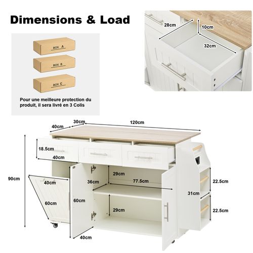 Îlot De Cuisine 120x40(70)x90 Cm, Plan De Travail Extensible Et Coffre Poubelle, Mdf, Blanc+bois