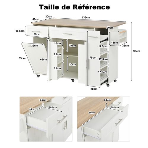 Îlot De Cuisine 135x40-70x90 Cm, Plan De Travail Rabattable, Rangement Poubelle, Mdf, Blanc+bois
