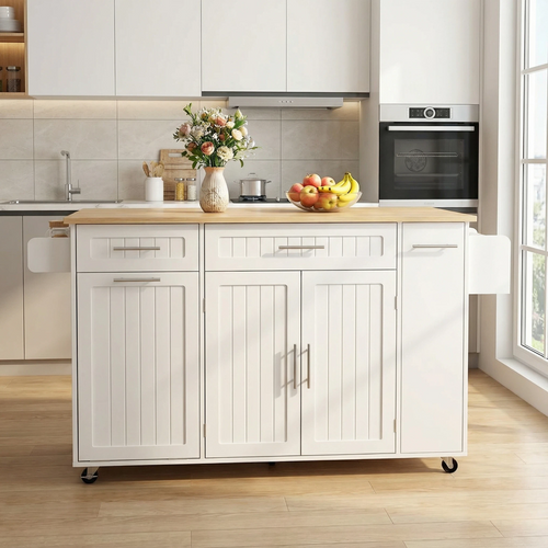 Îlot De Cuisine 135x40-70x90 Cm, Plan De Travail Rabattable, Rangement Poubelle, Mdf, Blanc+bois