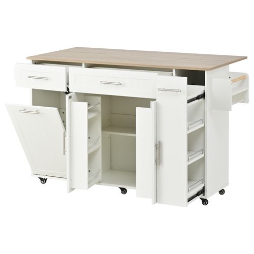 Îlot De Cuisine 135x40-70x90 Cm, Plan De Travail Rabattable, Rangement Poubelle, Mdf, Blanc+bois