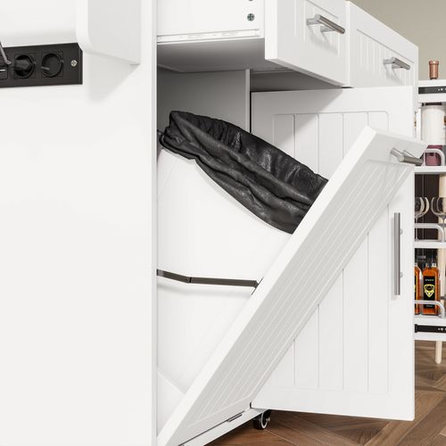 Îlot De Cuisine 135x40-70x90 Cm, Plan De Travail Rabattable, Rangement Poubelle, Mdf, Blanc+bois