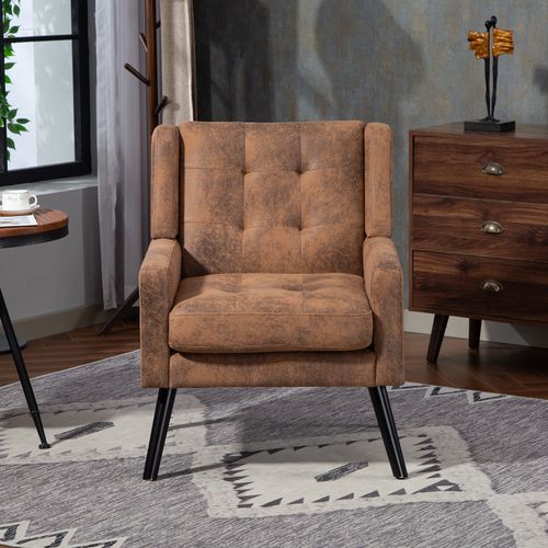 Fauteuil Compact, Assise Confortable, Revêtement Suédine, Pieds En Bois, Couleur Café