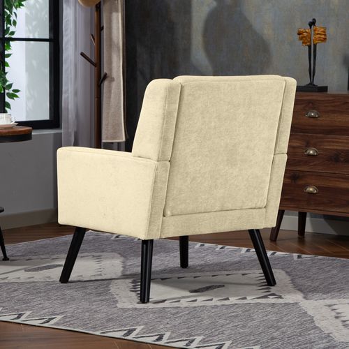 Fauteuil Design, Compact, Assise Épaisse, Tissu Lin, Couleur Beige, Pieds Bois Noir