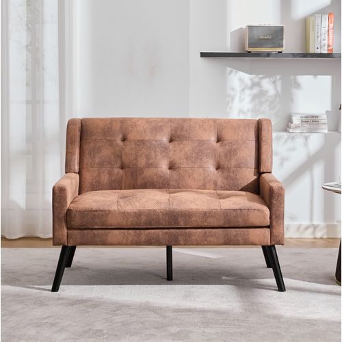 Canapé 2 Places 119x75x88 Cm, Assise Confortable, Tissu Lin, Pieds Bois, Couleur Café