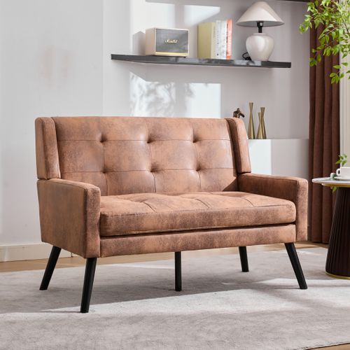 Canapé 2 Places 119x75x88 Cm, Assise Confortable, Tissu Lin, Pieds Bois, Couleur Café