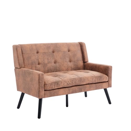 Canapé 2 Places 119x75x88 Cm, Assise Confortable, Tissu Lin, Pieds Bois, Couleur Café