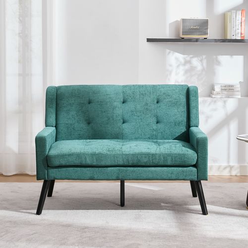 Canapé 2 Places 119x75x88 Cm, Assise Confortable, Tissu Lin, Pieds Bois, Couleur Vert