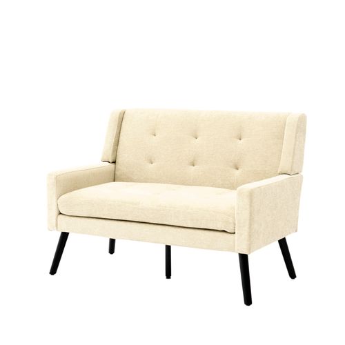 Canapé 2 Places 119x75x88 Cm, Assise Confortable, Tissu Lin, Pieds Bois, Couleur Beige