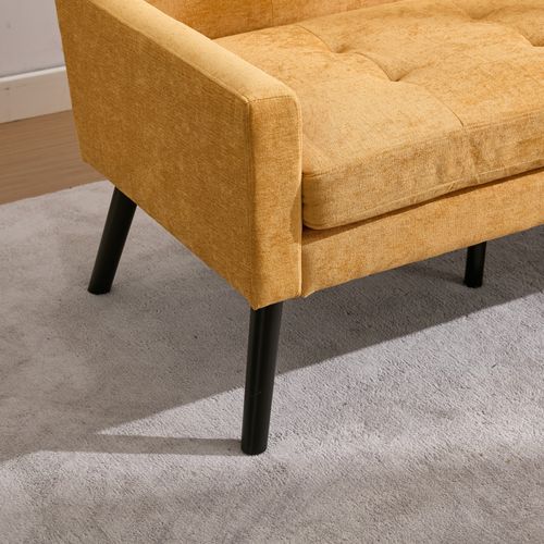 Canapé 2 Places 119x75x88 Cm, Assise Confortable, Tissu Lin, Pieds Bois, Couleur Jaune