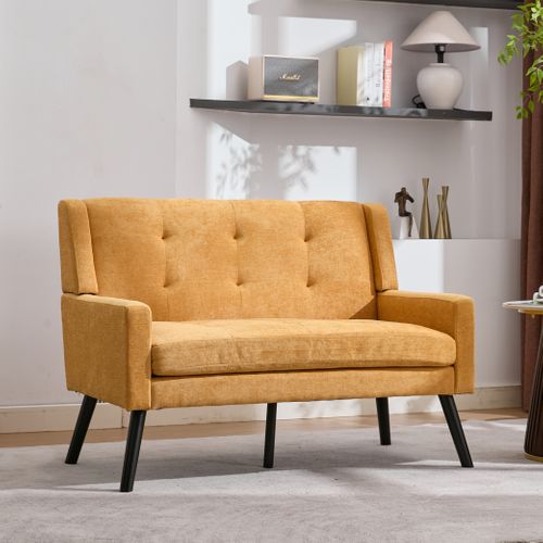 Canapé 2 Places 119x75x88 Cm, Assise Confortable, Tissu Lin, Pieds Bois, Couleur Jaune