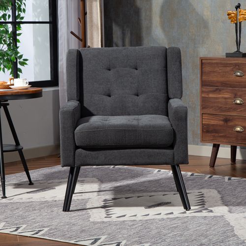 Fauteuil Compact, Assise Confortable, Revêtement Suédine, Pieds En Bois, Couleur Gris Foncé