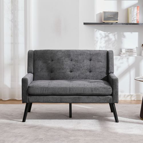 Canapé 2 Places 119x75x88 Cm, Assise Confortable, Tissu Lin, Pieds Bois, Couleur Gris Foncé