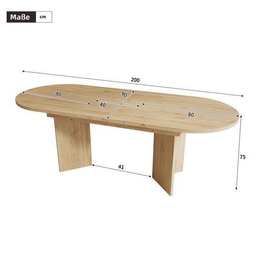 Table Extensible 160-200x90x75 Cm, 6 à 8 Personnes, Plateau 18 Mm, Panneau Mdf, Couleur Bois Clair