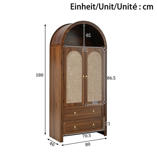 Armoire De Rangement 80x40x180 Cm, 2 Tiroirs, 1 Niche, 2 Portes En Rotin, Mdf, Couleur Brun