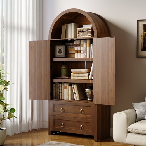 Armoire De Rangement 80x40x180 Cm, 2 Tiroirs, 1 Niche, 2 Portes En Rotin, Mdf, Couleur Brun
