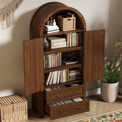 Armoire De Rangement 80x40x180 Cm, 2 Tiroirs, 1 Niche, 2 Portes En Rotin, Mdf, Couleur Brun