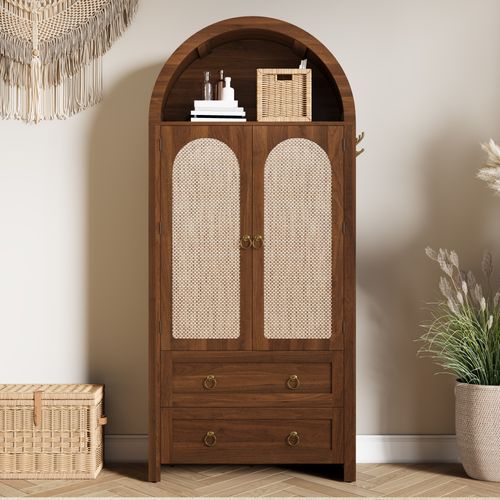 Armoire De Rangement 80x40x180 Cm, 2 Tiroirs, 1 Niche, 2 Portes En Rotin, Mdf, Couleur Brun
