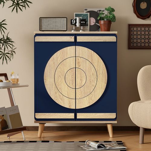 Meuble à Chaussures 76x37x98.5 Cm, 2 Portes Géométriques, Panneaux De Particules, Bleu+bois