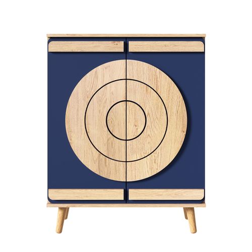 Meuble à Chaussures 76x37x98.5 Cm, 2 Portes Géométriques, Panneaux De Particules, Bleu+bois