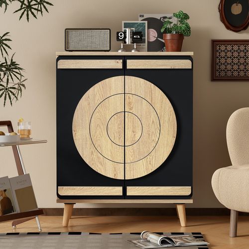 Meuble à Chaussures 76x37x98.5 Cm, 2 Portes Géométriques, Pb, Couleur Noir+bois