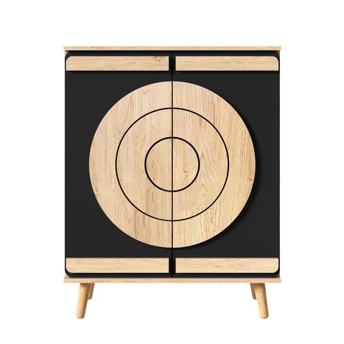 Meuble à Chaussures 76x37x98.5 Cm, 2 Portes Géométriques, Pb, Couleur Noir+bois