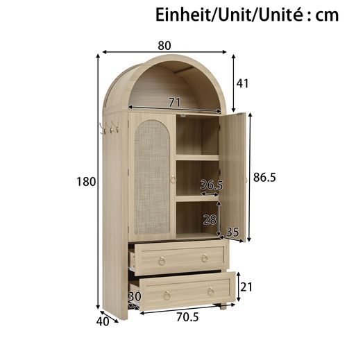 Armoire De Rangement 80x40x180 Cm, 2 Portes En Rotin, 2 Tiroirs, 1 Niche, Mdf, Couleur Bois