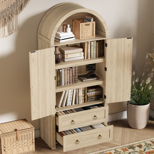 Armoire De Rangement 80x40x180 Cm, 2 Portes En Rotin, 2 Tiroirs, 1 Niche, Mdf, Couleur Bois