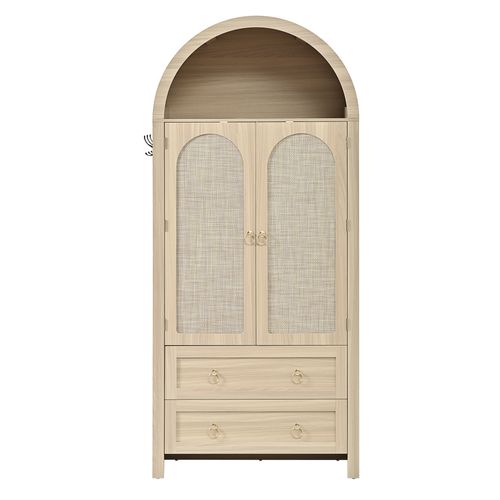 Armoire De Rangement 80x40x180 Cm, 2 Portes En Rotin, 2 Tiroirs, 1 Niche, Mdf, Couleur Bois