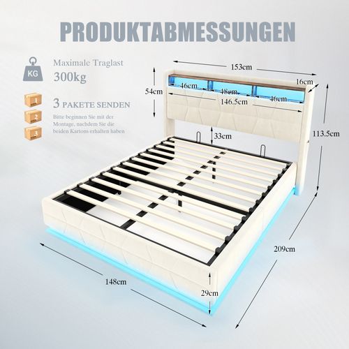 Lit Coffre 140x190 Cm, Tête De Lit Avec Rangements Et LED, Ports USB Et Type C, Velours Beige