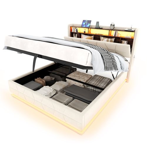 Lit Coffre 140x190 Cm, Tête De Lit Avec Rangements Et LED, Ports USB Et Type C, Velours Beige