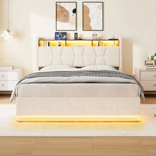 Lit Coffre 140x190 Cm, Tête De Lit Avec Rangements Et LED, Ports USB Et Type C, Velours Beige