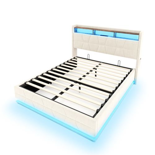Lit Coffre 140x190 Cm, Tête De Lit Avec Rangements Et LED, Ports USB Et Type C, Velours Beige