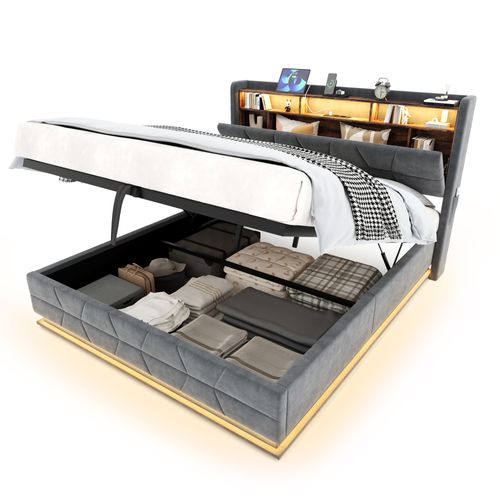 Lit Coffre 140x190 Cm, Tête Avec Rangements Et LED, Velours, Prise USB Et Type C, Gris Foncé