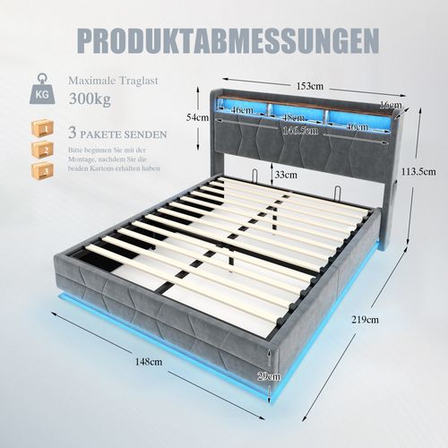 Lit Coffre 140x200 Cm, Tête De Lit Avec Rangements, LED Et Prise USB Type C, Velours Gris Foncé