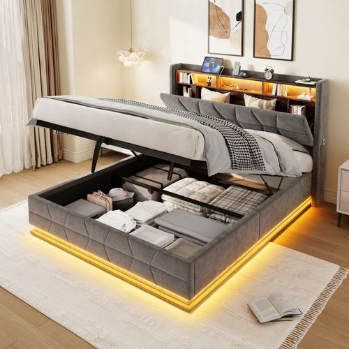 Lit Coffre 140x200 Cm, Tête De Lit Avec Rangements, LED Et Prise USB Type C, Velours Gris Foncé