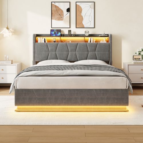 Lit Coffre 140x200 Cm, Tête De Lit Avec Rangements, LED Et Prise USB Type C, Velours Gris Foncé