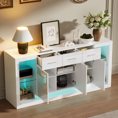 Buffet Bas 160x40x75 Cm, LED Tactile, 3 Portes, Panneaux De Particules, Verre Trempé, Blanc