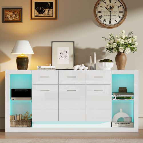 Buffet Bas 160x40x75 Cm, LED Tactile, 3 Portes, Panneaux De Particules, Verre Trempé, Blanc