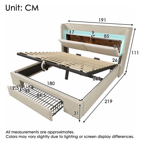 Lit Coffre 160x200 Cm, Tête De Lit Avec Rangement, Éclairage LED Et Ports USB Et USB-c, Lin, Beige
