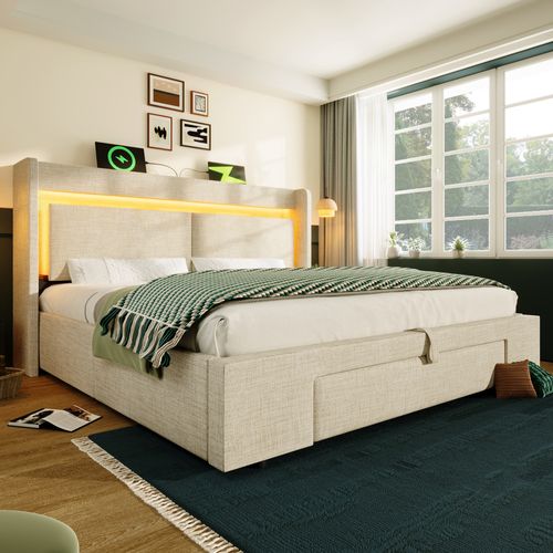 Lit Coffre 160x200 Cm, Tête De Lit Avec Rangement, Éclairage LED Et Ports USB Et USB-c, Lin, Beige