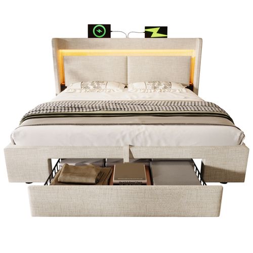 Lit Coffre 160x200 Cm, Tête De Lit Avec Rangement, Éclairage LED Et Ports USB Et USB-c, Lin, Beige