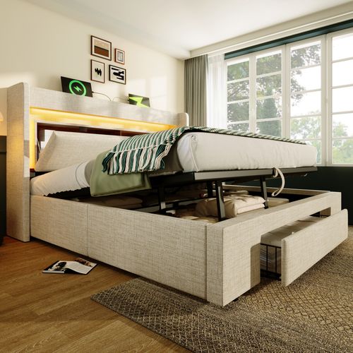 Lit Coffre 140x200 Cm, Tête De Lit Avec Rangement Et Ports USB Et USB C, LED, Lin Beige