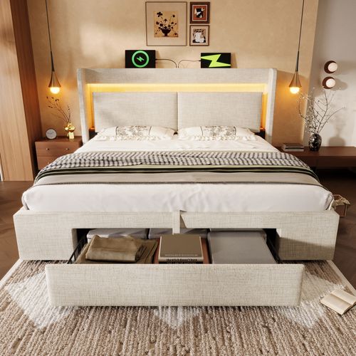Lit Coffre 140x200 Cm, Tête De Lit Avec Rangement Et Ports USB Et USB C, LED, Lin Beige