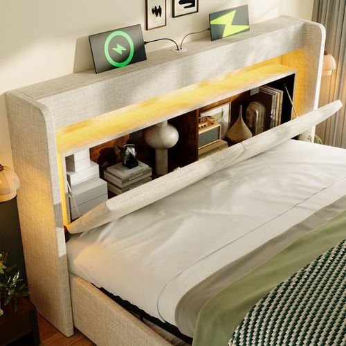 Lit Coffre 140x200 Cm, Tête De Lit Avec Rangement Et Ports USB Et USB C, LED, Lin Beige