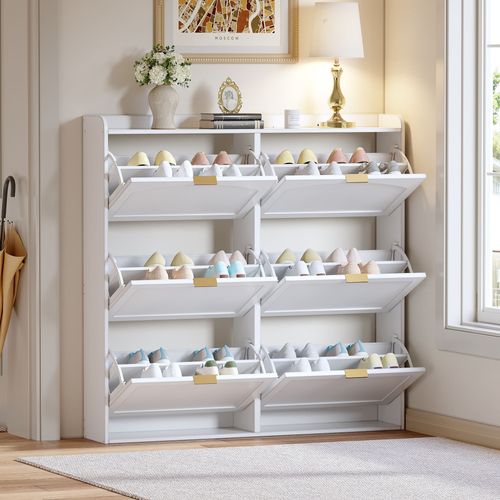 Meuble à Chaussures 120x23x118 Cm, 6 Portes à Bascules, Moderne, Mdf, Panneaux De Particules, Blanc