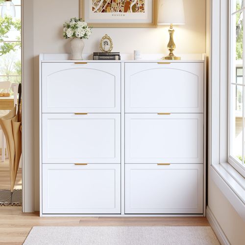 Meuble à Chaussures 120x23x118 Cm, 6 Portes à Bascules, Moderne, Mdf, Panneaux De Particules, Blanc