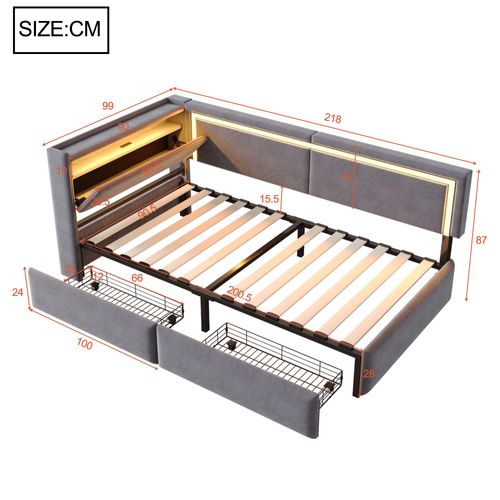 Lit Simple 90x200 Cm, Tête De Lit Avec Rangement, 2 Tiroirs LED, Ports USB, Velours, Gris